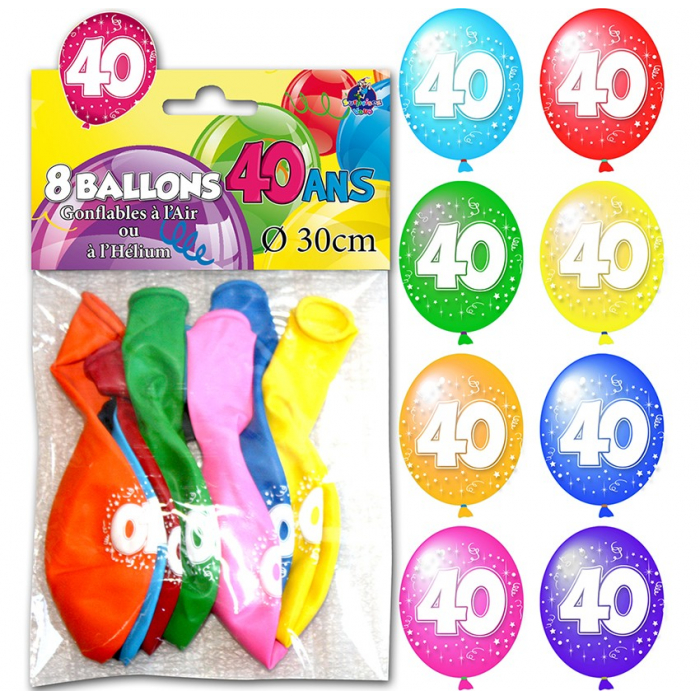 Lot de 8 ballons "40 ans" de 30 cm