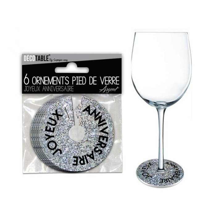 Ornements pied de verre joyeux anniversaire argent (lot de 6)