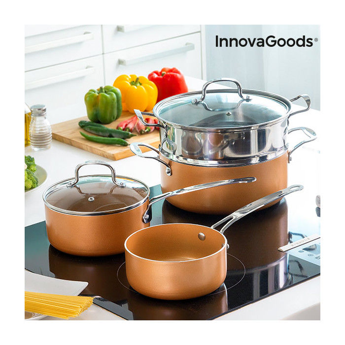 Batterie de Cuisine avec Cuiseur-Vapeur Copper-Effect InnovaGoods (6 Pièces)